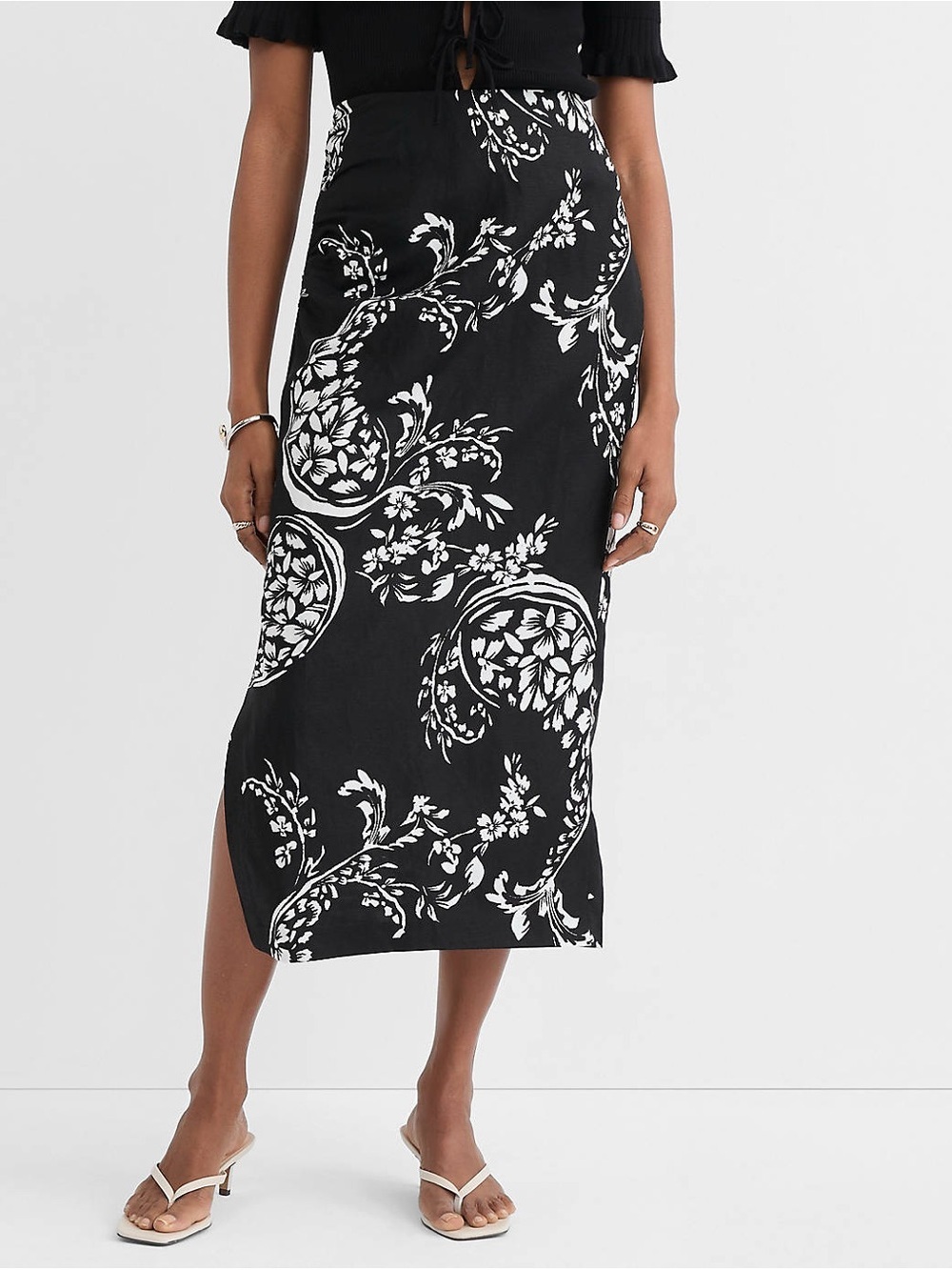 NWT LOFT Floral Paisley Ruched Linen Blend Midi Skirt